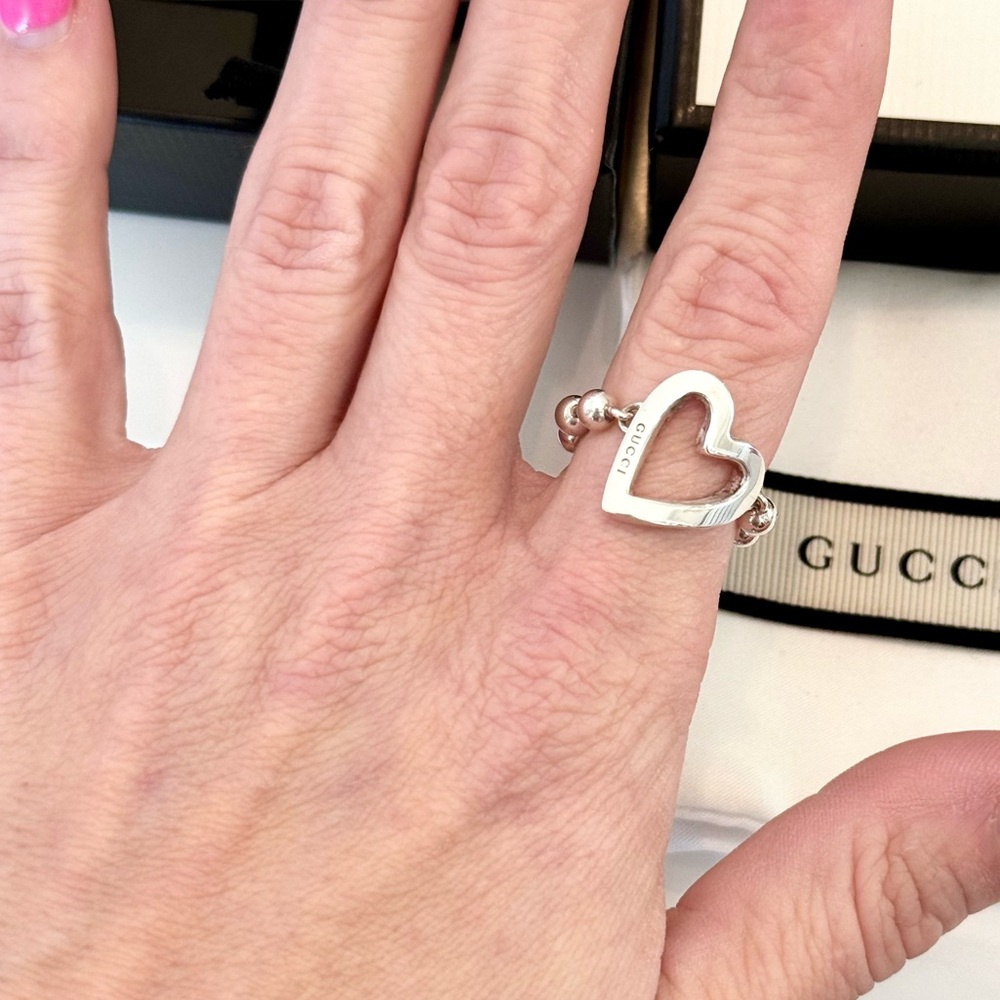 Gucci Open Heart 925 Silver Beaded Band Ring Size 6.5